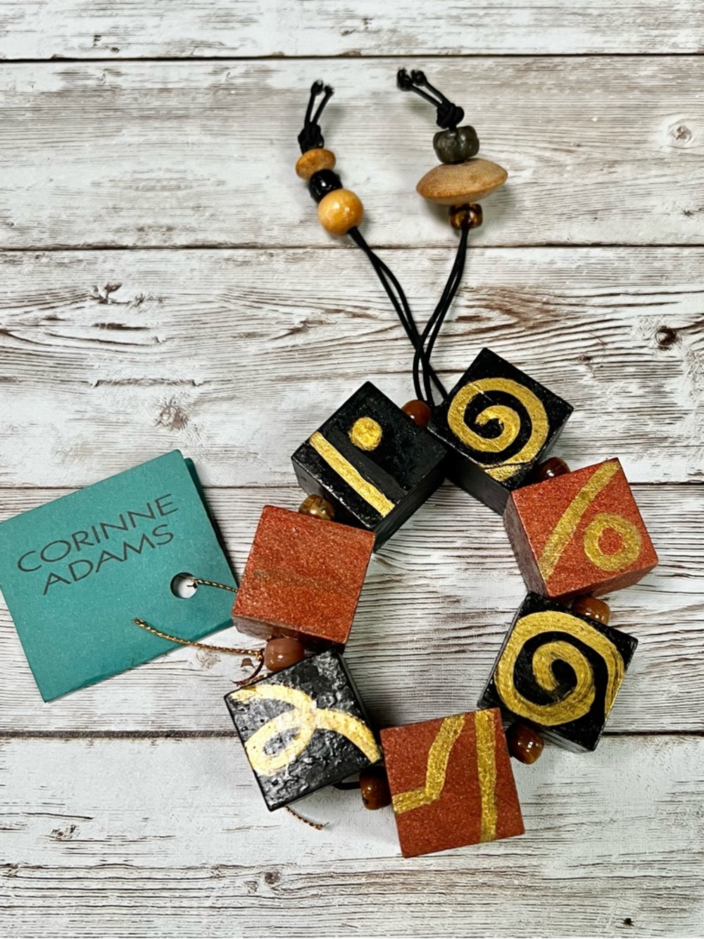 Corinne Adams ArtisticChunky Geometric Bead Bracelet Black & Rust Gold Accents